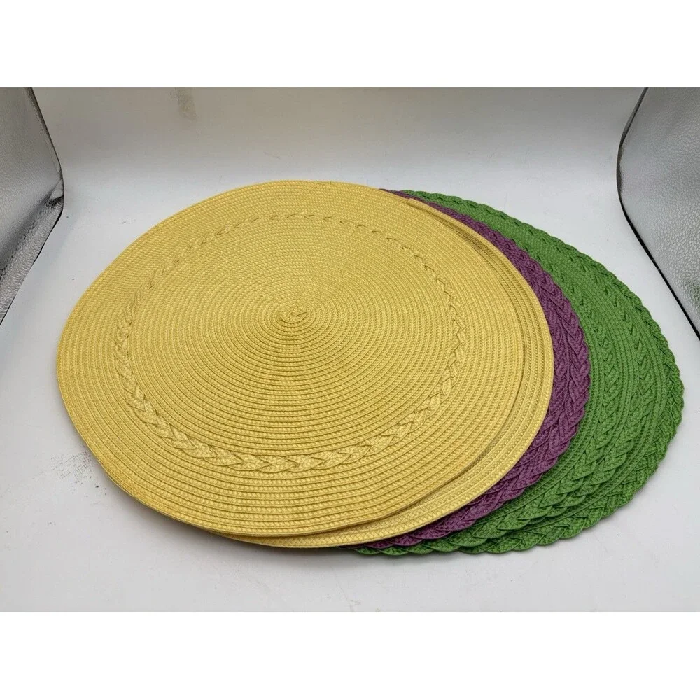 Lot 7 Round Braided Woven Placemats 15” Green Purple Yellow Table Mats